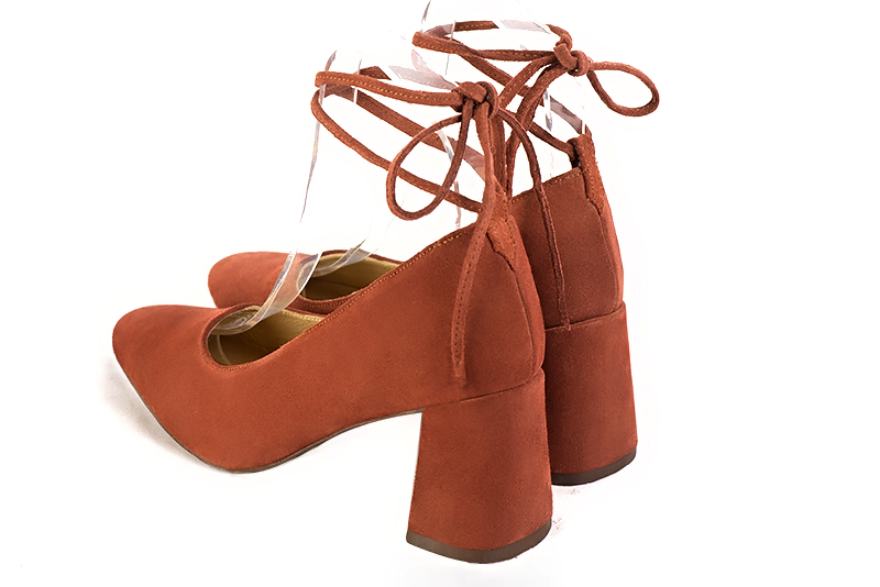 Terracotta orange women's dress pumps, with a round neckline. Round toe. High flare heels. Rear view - Florence KOOIJMAN